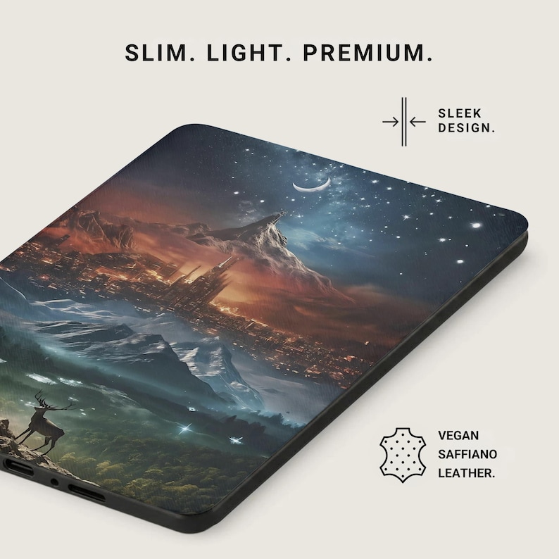Mystical Mountain City Night Sky Art, Deer Stag Wildlife Fantasy Landscape, Celestial Moon Stars Dreamlike Design