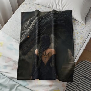 Dragon with Woman Blanket, Gothic Dragon Art Throw, Fantasy Creature Bedding, Unique Dragon Lover Gift, Dark Aesthetic Decor