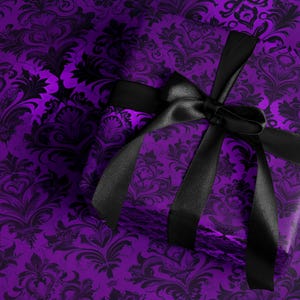 Purple Damask Gift Wrap, Elegant Black Ribbon, Luxury Wrapping Paper, Holiday Present, Wedding Gift Packaging, Birthday Surprise Wrap