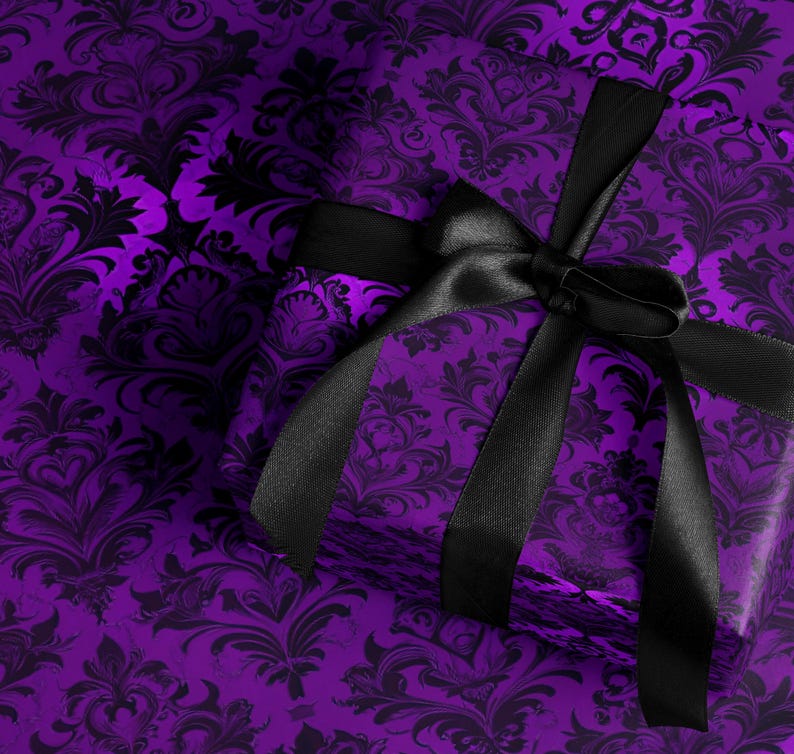 Purple Damask Gift Wrap, Elegant Black Ribbon, Luxury Wrapping Paper, Holiday Present, Wedding Gift Packaging, Birthday Surprise Wrap