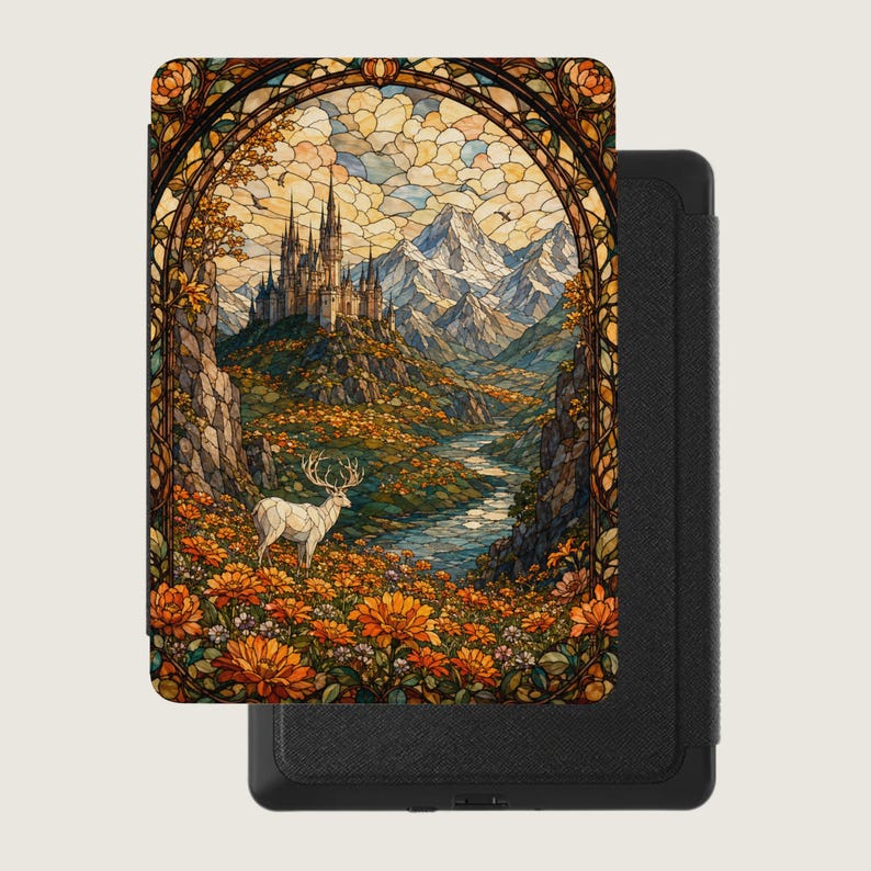 Book cover with stained glass design of castle, mountains, river, deer, and flowers.