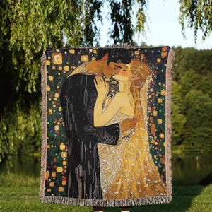Koc inspirowany Feyre i Rhysandem Klimtem, romantyczny, fantastyczny, dla fanów ACOTAR, dekoracja nocnego dworu i prezent w postaci sztuki książkowej Sarah J Maas