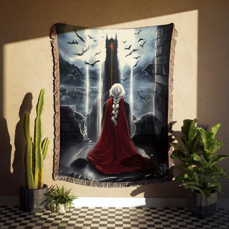 a large tapestry hanging on a wall, depicting a woman with a red cape and white hair standing in front of a castle-like structure with a tower. The tapestry is surrounded by potted plants, and the scene is set against a checkered floor.