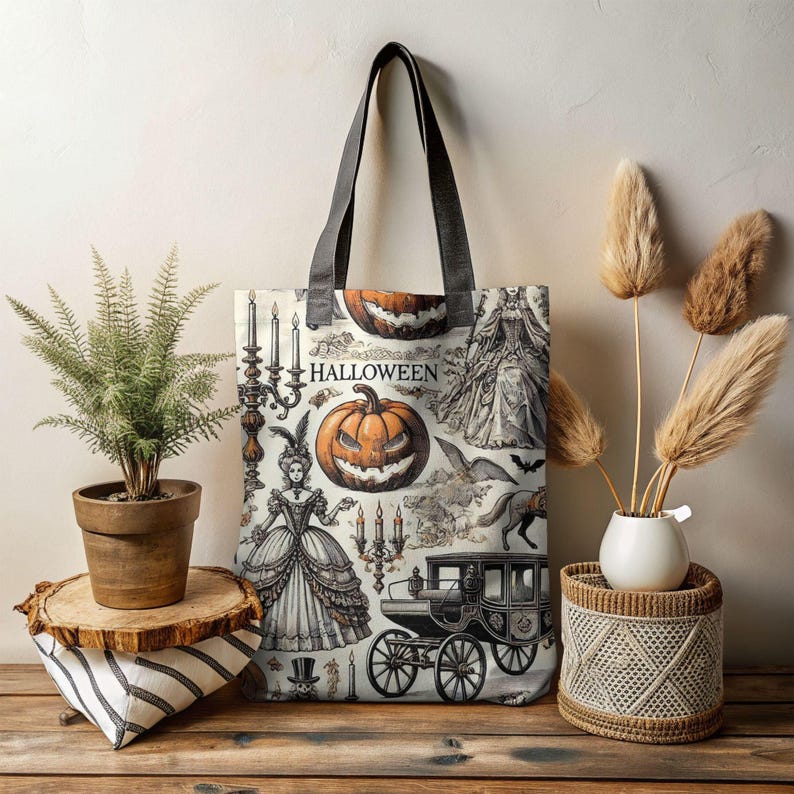 Bolso victoriano de Halloween, bolso con estampado de toile francés, bolso de mano para Halloween, bolso para pedir dulces, toile de jouy imagen 1