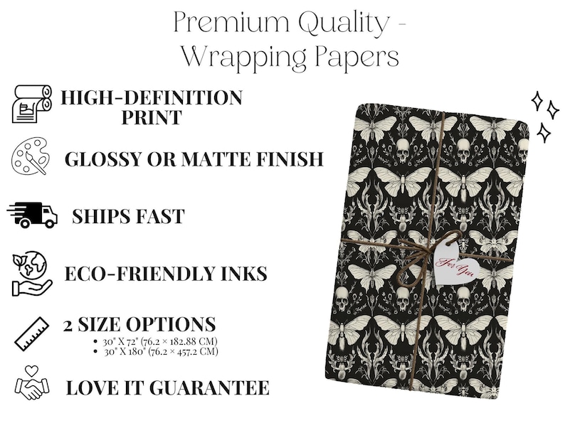Gothic Skull and Moth Wrapping Paper, High-Definition Print, Skull and Moth Gift Wrap, Dark Themed Gift Wrapping, Eco-Friendly