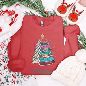 Christmas Tree Bookshelf Sweatshirt, Holiday Book Lover Shirt, Festive Reading Apparel, Cozy Christmas Crewneck, Winter Novelty Top
