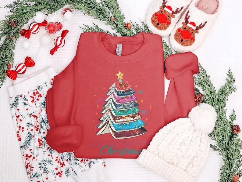 Christmas Tree Bookshelf Sweatshirt, Holiday Book Lover Shirt, Festive Reading Apparel, Cozy Christmas Crewneck, Winter Novelty Top