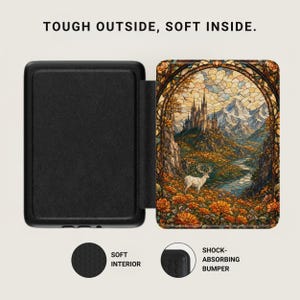 Black protective cover with a stained-glass art print of a stag and castle.