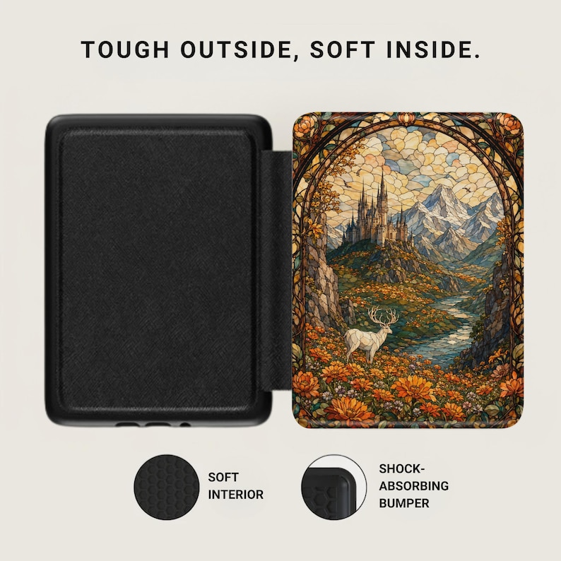 Black protective cover with a stained-glass art print of a stag and castle.