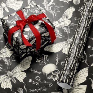 Gothic gift wrap, Skull and Moth wrapping paper, Dark themed gift wrapping, Halloween present wrapping, Unique gift wrap