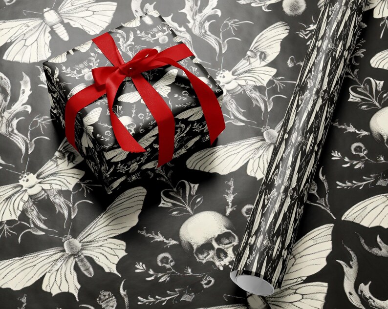 Gothic gift wrap, Skull and Moth wrapping paper, Dark themed gift wrapping, Halloween present wrapping, Unique gift wrap