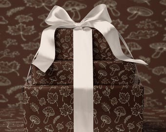 Papel de regalo con hojas de otoño y setas, estilo rústico campestre dark academia, rollo de papel de regalo navideño con temática de brujas y bosque.