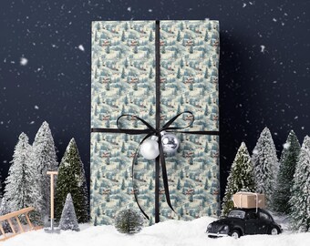 Rol inpakpapier besneeuwd kerstdorp | Feestelijke wintercadeauverpakking | Vakantiehuisscène | Luxe elegante kerstcadeauverpakking