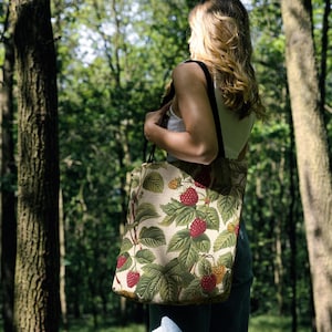 Himbeer gewebter Gobelin Tragetasche Cottagecore Markttasche für Sommer Obstliebhaber Botanischer Garten Tragetasche für Bauernmarkt und Naturgeschenk