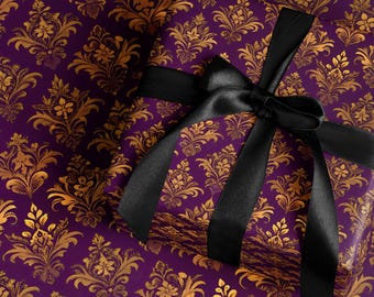Papel de embrulho gótico damasco, estilo Dark Academia, luxuoso, preto, roxo e dourado, para presentes de Natal, embalagem de presente premium.