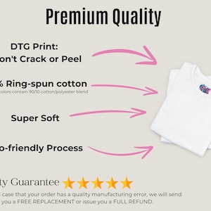 The image is a promotional graphic for a clothing brand, highlighting the premium quality of their products. It features a white t-shirt with a pink arrow pointing to the quality guarantee, which includes a DTC Print, 100% Ring-spun cotton, Super Soft, and an eco-friendly process. The image also includes a rating of 4 stars and a guarantee that if the order has a quality manufacturing error, the brand will send a free replacement or issue a full refund.