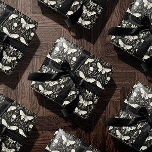 Gothic Skull and Butterfly Gift Wrap, Halloween Themed Wrapping Paper, Spooky Present Packaging, Dark Gift Wrap Ideas, Black and White