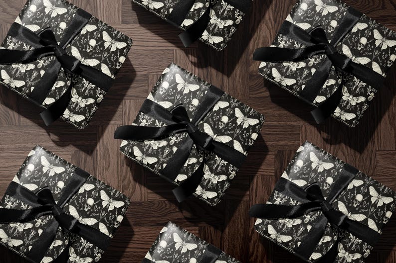 Gothic Skull and Butterfly Gift Wrap, Halloween Themed Wrapping Paper, Spooky Present Packaging, Dark Gift Wrap Ideas, Black and White