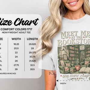 Size chart for Comfort Colors 1717 heavyweight adult tee with measurements.