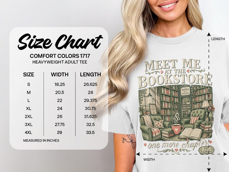 Size chart for Comfort Colors 1717 heavyweight adult tee with measurements.