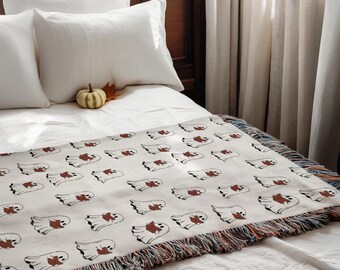 Cute Ghost Woven Blanket Halloween Throw Spooky Cozy Fall Decor Whimsigoth Aesthetic Gothic Blanket Bookish Gift Creepy Cute Home