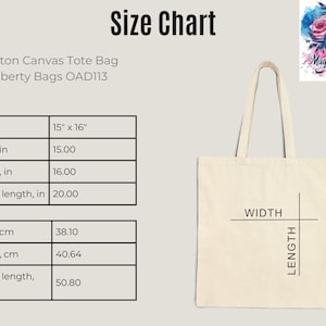 a tote bag with a size chart for it