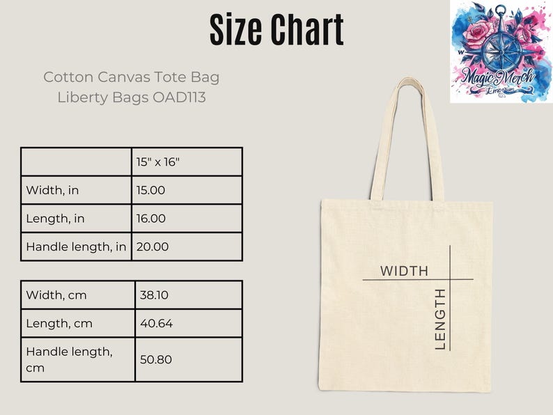a tote bag with a size chart for it