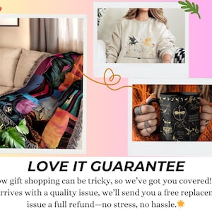 The image is a collage of three photos, featuring a person holding a mug, a person wearing a sweater, and a person sitting on a couch. The text overlay provides a guarantee for the quality of the gift shopping, stating that if the order arrives with a quality issue, the customer will receive a full replacement or issue a full refund without any hassle.