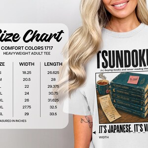 T-shirt with "Sundoku" graphic, size chart, and book purchase details.