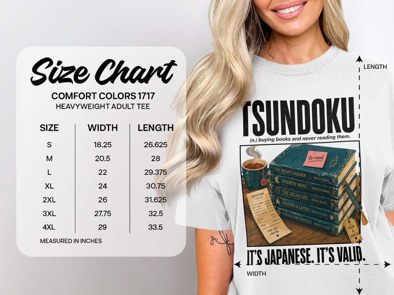 T-shirt with "Sundoku" graphic, size chart, and book purchase details.