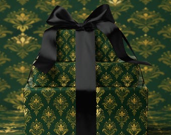 Dark Academia Wrapping Paper Emerald Green and Gold Damask Wrapping Paper Luxury Gothic Gift Wrap Old Money Style Christmas Wrapping