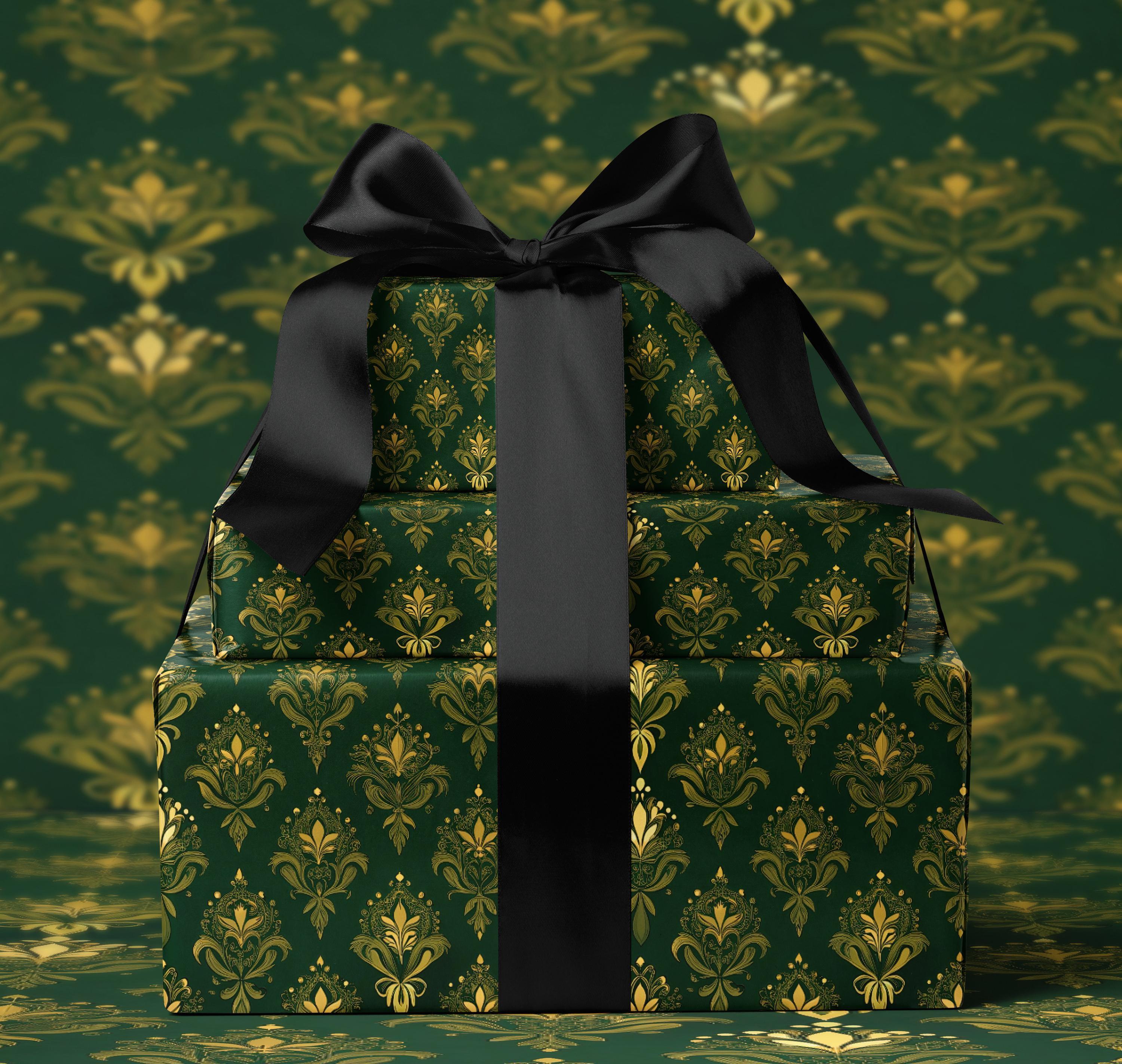 Dark Academia Wrapping Paper Emerald Green and Gold Damask Wrapping Paper Luxury Gothic Gift Wrap Old Money Style Christmas Wrapping
