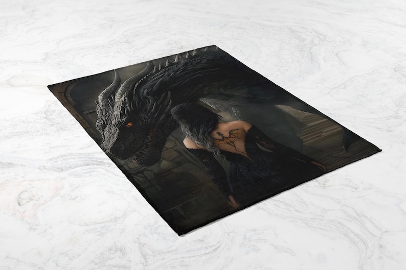Dragon and Woman Art Blanket, Gothic Fantasy Decor, Medieval Mythical Creature, Cozy Throw Blanket, Unique Gift Idea