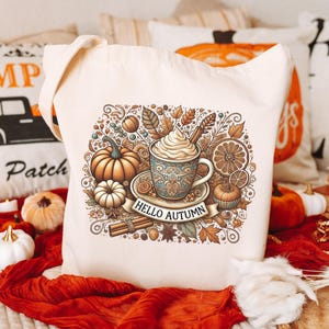 Hello Autumn Tote Bag, Trendy Fall Pumpkins and Coffee Design for Casual Wear, Perfect Autumn Gift