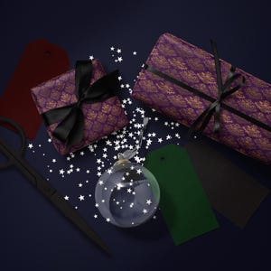 Christmas gift wrapping set, Holiday present decorations, Festive packaging supplies, Gift tags with ribbons, Star ornaments