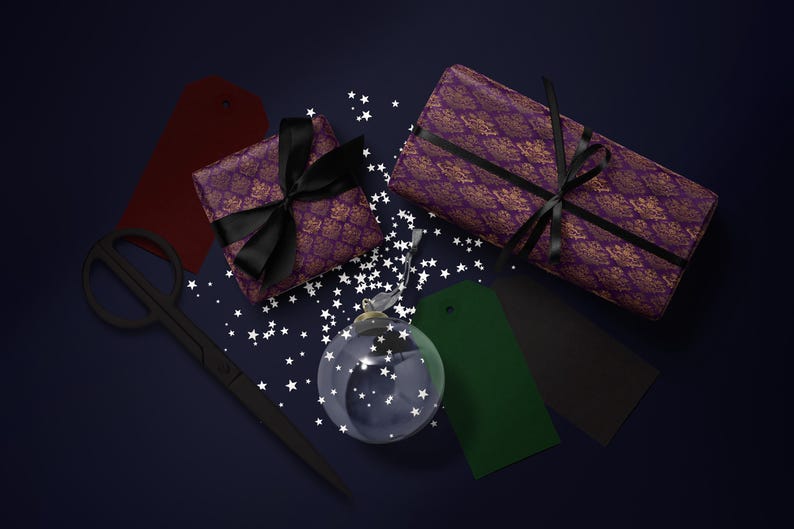 Christmas gift wrapping set, Holiday present decorations, Festive packaging supplies, Gift tags with ribbons, Star ornaments