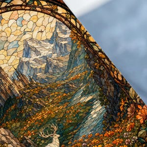 Stained glass art shows castle and deer in a mountain landscape with flowers.