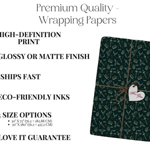 The image is a promotional graphic for premium quality wrapping papers, highlighting features such as high-definition print, glossy or matte finish, fast shipping, eco-friendly inks, and size options.