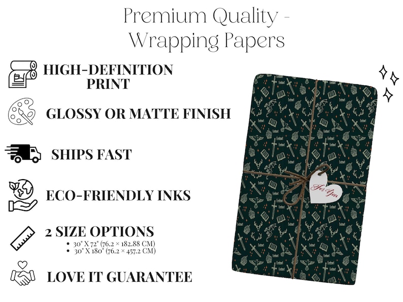 The image is a promotional graphic for premium quality wrapping papers, highlighting features such as high-definition print, glossy or matte finish, fast shipping, eco-friendly inks, and size options.