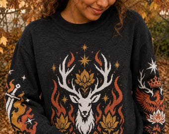 To Whatever End Knitted Sweater, Throne of Glass Fireheart Jacquard Jumper, Terrasen Stag Bookish Gift, Sarah J Maas Fantasy Reader Knitwear