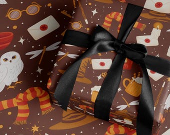 Wizard School Holiday Gift Wrap Paper Roll Magical Xmas Wrapping Wizard Theme Witchy Gift Paper for Fantasy Lovers Dark Academia Cottagecore