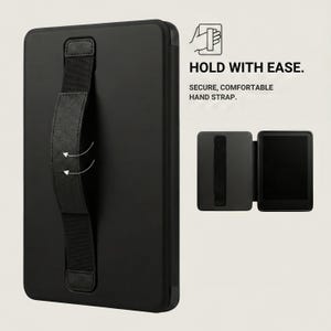 Black E-Reader Case with Hand Strap, Kindle Cover, Kobo Sleeve, Secure Tablet Grip Holder, Device Protector, Comfortable Reading
Ereader