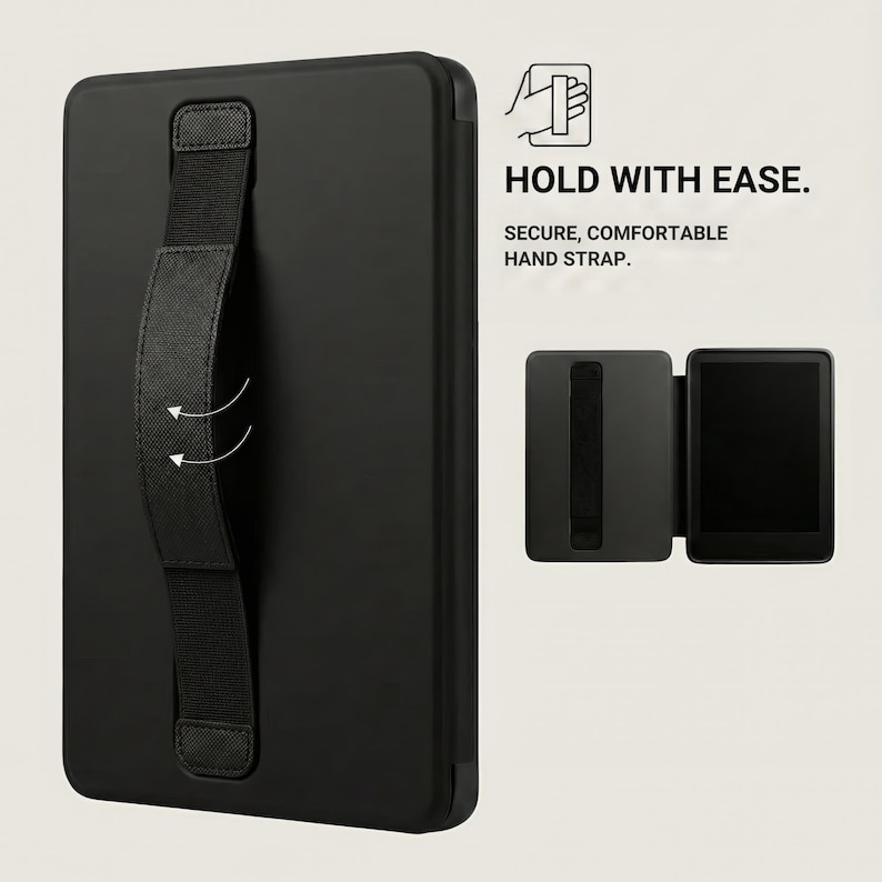 Black E-Reader Case with Hand Strap, Kindle Cover, Kobo Sleeve, Secure Tablet Grip Holder, Device Protector, Comfortable Reading
Ereader