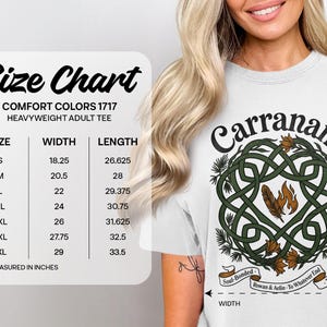 Comfort Colors 1717 heavyweight t-shirt size chart with Celtic knot design.