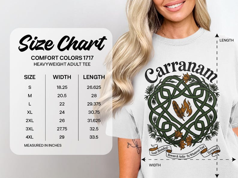 Comfort Colors 1717 heavyweight t-shirt size chart with Celtic knot design.