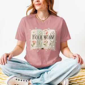 Bookworm Graphic T-Shirt, Flower Book Lover Tee, Cute Reading Shirt for Women, Literary Gift, Cozy Reader Tops, Book Club Apparel