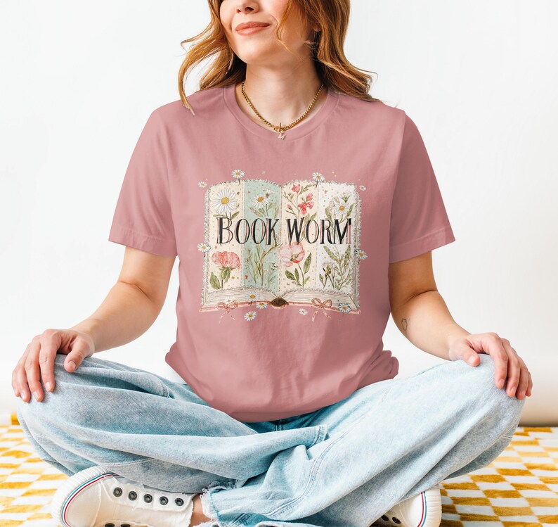 Bookworm Graphic T-Shirt, Flower Book Lover Tee, Cute Reading Shirt for Women, Literary Gift, Cozy Reader Tops, Book Club Apparel