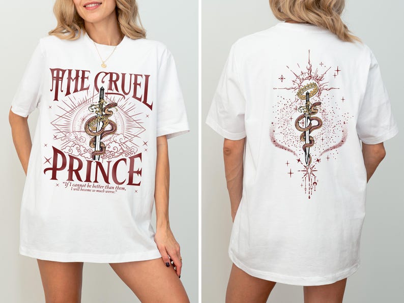 a woman wearing a white t - shirt that says the cruel prince