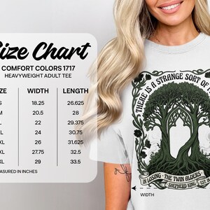 Comfort Colors 1717 size chart for heavyweight adult tee with trees graphic.
