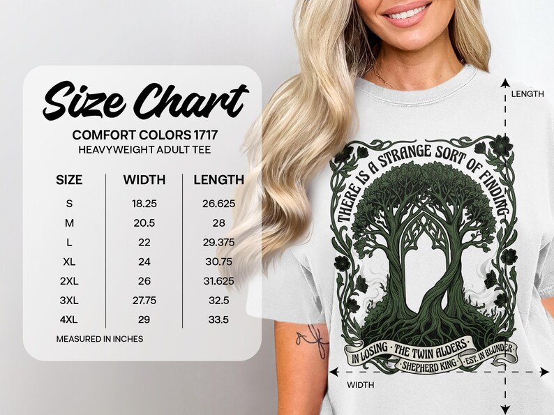 Comfort Colors 1717 size chart for heavyweight adult tee with trees graphic.